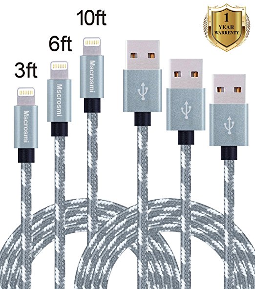 Mscrosmi Lightning Cable 3FT 6FT 10FT Nylon Braided Lightning to USB Cable for iPhone, iPad, iPod, iTouch and More (gray white)
