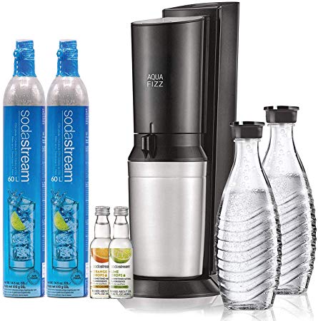 SodaStream Aqua Fizz Sparkling Water Maker Bundle (Black), with Co2, Glass Carafes, & 0 Calorie Fruit Drops Flavors