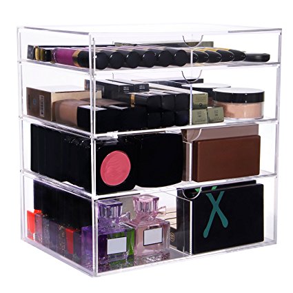 Langforth Large Beauty Cube 4 Tier Drawers Acrylic Cosmetic Box Handmade Vanity Makeup Organizer Storage 11.8"x11.8"x7.8"