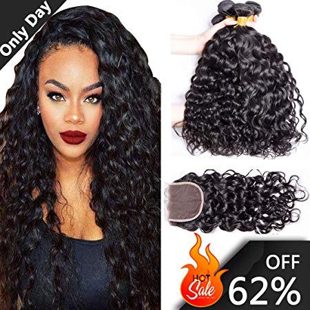 ALIMICE HAIR Water Wave 3 bundles with closure Brazilian 100% Human hair Weave bundles with 4x4 Closure Remy Hair extensions Can be dyed (20 22 24+20)