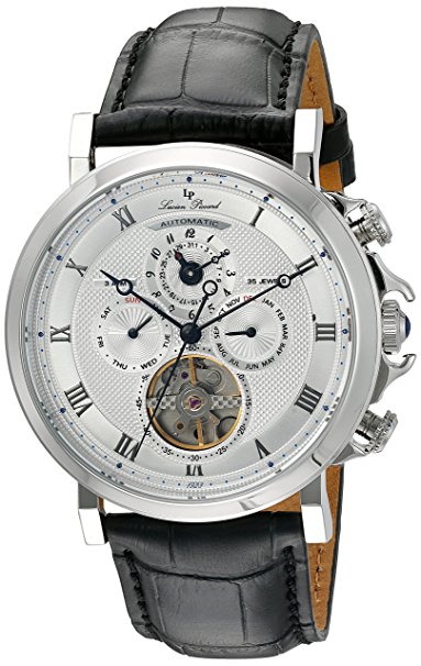 Lucien Piccard Men's 'Acropolis' Stainless Steel and Leather Automatic Watch, Color:Black (Model: LP-40021A-02S)