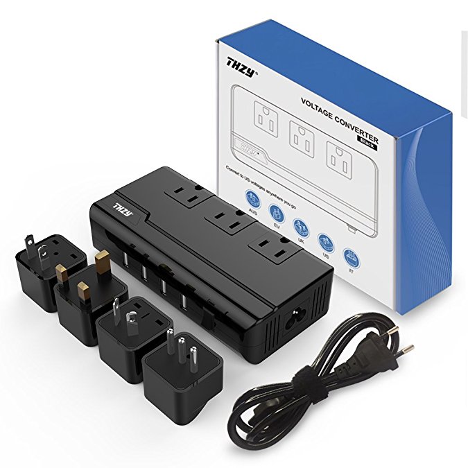 Voltage Converter 220V to 110V With 4 USB Ports [5V/2.1A Each] THZY International Travel Adapter with 3 AC Outlets and UK/AU/US/EU/Italy Worldwide Plug Adapter–(Use for US Appliances Overseas)