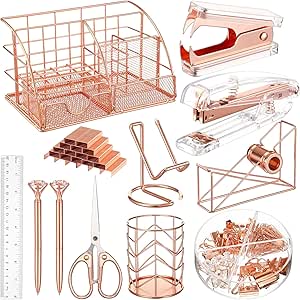 12 Pcs Rose Gold Desk Organizers and Stapler Set Include Desk Organizer, Phone Holder, Diamond Pen, Pen Holder, Ruler, Scissor, Stapler, Staples, Staple Remover, Tape Holder, Binder Clips, Paper Clips