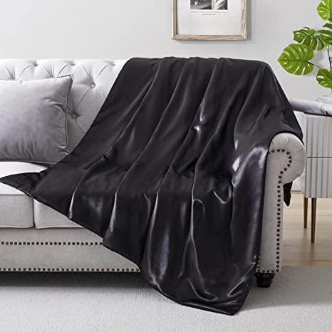 Silk Throw Blanket - Black Cooling Packable Satin Blanket for Couch, Bed, Camping, Outdoor, Travel, Car - Super Soft Lightweight Cozy Blanket(60'' x 80'', Black)