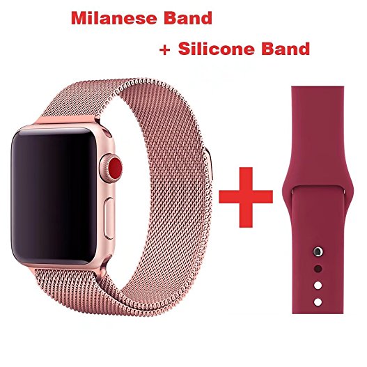 For Apple Watch Series 1 / 2 / 3,Greatou Milanese Mesh Stainless Steel Loop Wrist Strap Replacement Band with Adjustable Magnetic Closure & Rose Red Silicone Band for iwatch,42mm,Rose Gold