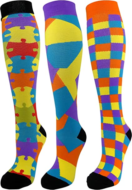 3 Pair Premium Quality Colorful Moderate Graduated Compression Socks 15-20 mmHg. Nurses, Running, Travel, Knee-High, Mens and Womens Style (Multi Color, Large/X-Large)