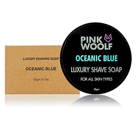 Pink Woolf Luxury Shaving Soap | For a True Wet Traditional Shaving Experience | Fresh Fragrance | With Shea Butter to Moisturize Skin | OCEANIC BLUE | 50gm