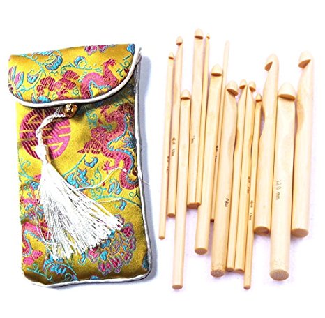 Seawhisper Pack of 14 Pcs 3mm-12mm Bleached Bamboo Crochet Hooks in Silk Pouch Case Carrying Bag