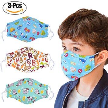 Dust Mask for Kids,Aniwon 3 Pcs PM2.5 Kids Mouth Face Mask with 6 Pcs Activated Carbon Filter Insert,Washable Cute Cotton Mouth Mask with Adjustable Straps