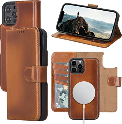 OXA Leather iPhone 12 Pro Max Case Wallet, Leather Case with Card Slot, RFID Blocking, Full Grain Folio Flip Cover, Kickstand, Detachable Leather Wallet Case Compatible with Magsafe(Rustic)