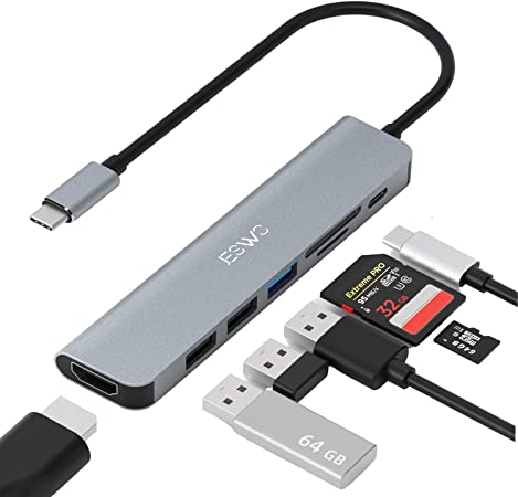 USB C Hub, JESWO 7-in-1 USB C Adapter with 4K USB C to HDMI, 100W Power Delivery Port,1 USB 3.0 Port and 2 USB 2.0 Ports, SD/TF Card Reader, USB C Dock for MacBook Pro,iPad Pro, Dell XPS and More