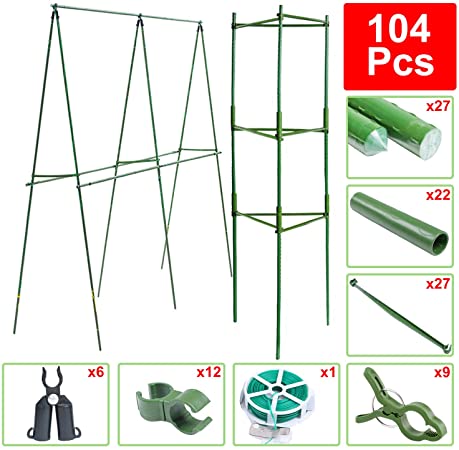 BLIKA 104 Pcs DIY Plant Supports, Tomato Cages Assembled Garden Plant Stakes Vegetable Trellis for Vertical Climbing Plants, 27 Pcs Coated Plant Stakes with 9 Pcs Clips, Twist Tie and Connectors