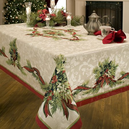 Benson Mills Christmas Ribbons Engineered Printed Fabric Tablecloth, 60-Inch-by-120 Inch