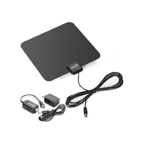 ViewTV Flat HD Digital Indoor Amplified TV Antenna - 40 Miles Range - Detachable Amplifier Signal Booster - 12ft Coax Cable - Black