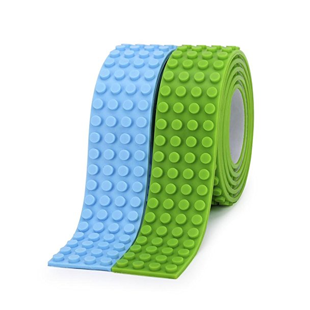 SuSenGo 4 Stud Wide Brick 2 Rolls Blue Green 6.5feet/2meter Building Block Tape Roll Self-Adhesive.