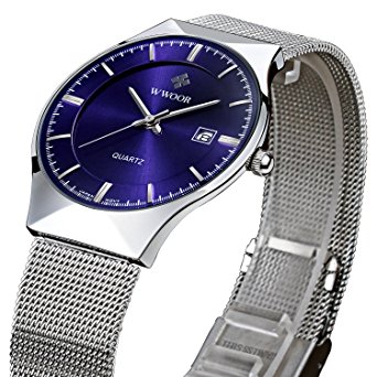 Tamlee Fashion Top Luxury Brand Men Date Quartz Watch Steel Mesh Strap Ultra Thin Dial Clock (Blue)
