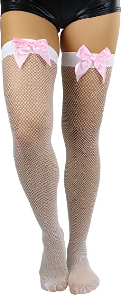 ToBeInStyle Women's Fishnet Thigh High With Satin Bow Stockings Tights Hosiery