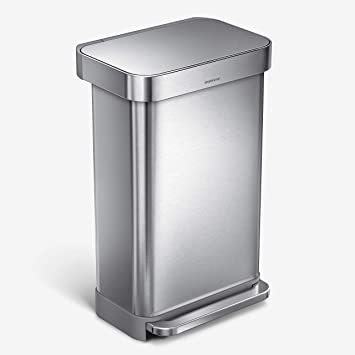 simplehuman 45 Liter Rectangular Hands-Free Kitchen Step Trash Can with Soft-Close Lid, Brushed Stainless Steel