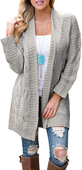 MEROKEETY Women's Long Sleeve Cable Knit Sweater Open Front Cardigan Loose Outerwear