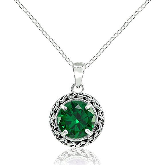 Sterling Silver Genuine, Simulated, or Created Gemstone Round Oxidized Rope Pendant Necklace