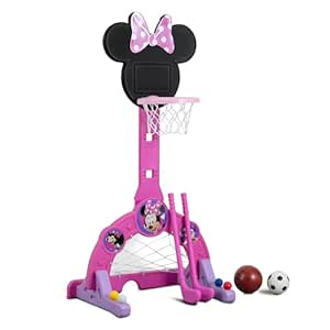 Delta Children Disney Minnie Mouse 4-in-1 Sports Center – Adjustable Easy Score Basketball Hoop, Soccer/Hockey Net and Golf Game, 4 Golf/Hockey Balls, Pink