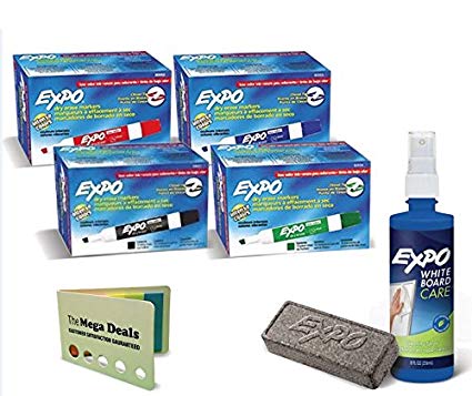 Expo Low Odor Dry Erase Markers Chisel Tip, Assorted colors, One Dozen of Each Color, Black, Red, Blue, Green, Markers, With Expo Spray, Expo Eraser, "Bright Flag Set Included"(Teachers Best Seller)