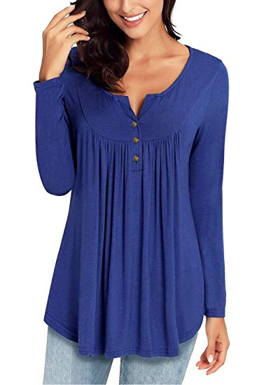 Genhoo Womens Long Sleeve Henley Shirt Casual Loose V-Neck Button Pleated Tunic Tops Blouse Long(M-3XL)