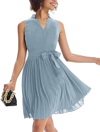 GRACE KARIN Women Elegant Pleated Swing Dress Solid Sleeveless V-Neck Work Dress