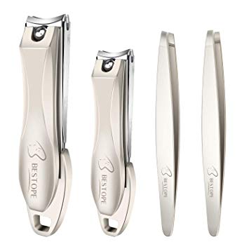 BESTOPE Nail Clippers Tweezers Set,4PCS Fingernail Toenail Clippers with Cather   Slant & Flat Tweezers,Heavy Duty Steel Sturdy Nail Cutter Trimmer Set with Carry Case for Men and Women