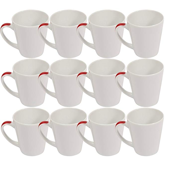 Bialetti Set of 12 Tea & Coffee Mugs 300ml 10.5oz Drinking Glasses Italian Designer Glassware Durable Scratch Resistant Porcelain Glass Drink Cups White/Red Gift TWELVE PACK