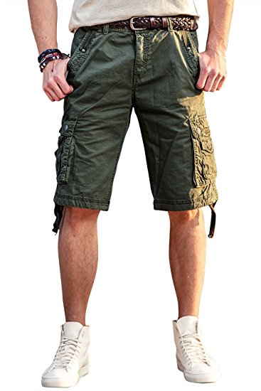 FLY HAWK Men's Cargo Shorts Drawstring Waist 100% Cotton Shorts for Mens with Multi-pockets Casual Summer Shorts