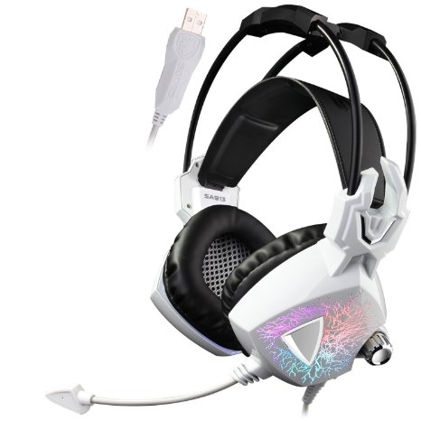 Sades SA913 USB Gaming Headset Vibration, Wired Over Ear PC Headphones with Microphone Volume Control Noise Reduction Multi-Colors Led Lights(White)