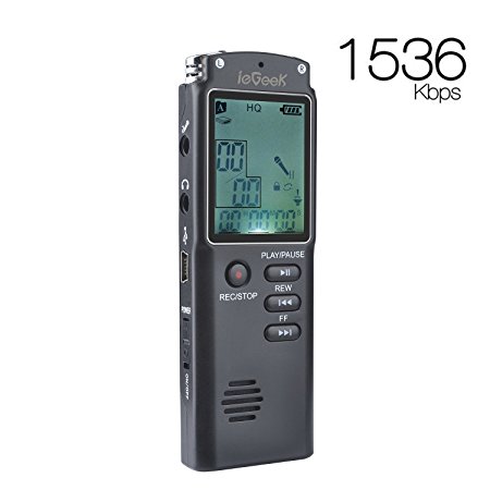 Digital Voice Recorder, ieGeek 8GB 1536Kbps USB Sound Audio Recorder Multifunctional Portable Rechargeable HD Recording Dictaphone Voice Activated/Noise Cancelling/Double Microphone/LCD Screen/Plug and Play, Digital Audio MP3 Player With Headphones for Meeting, Class, Lectures, Conferences, Interviews - Black