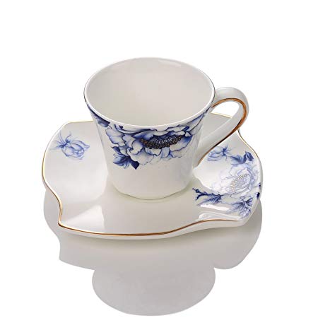 Porlien Porcelain 2.5-Ounce/80ml Small Espresso Cups Set of 4 with Saucers, Blue Floral Gold Trimmed