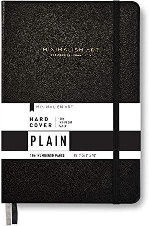 Minimalism Art, Premium Hard Cover Notebook Journal, Large Size, Composition B5 7.6"x10", 186 Numbered Pages, Gusseted Pocket, Ribbon Bookmark, Extra Thick Ink-Proof Paper 120gsm (Plain, Black)