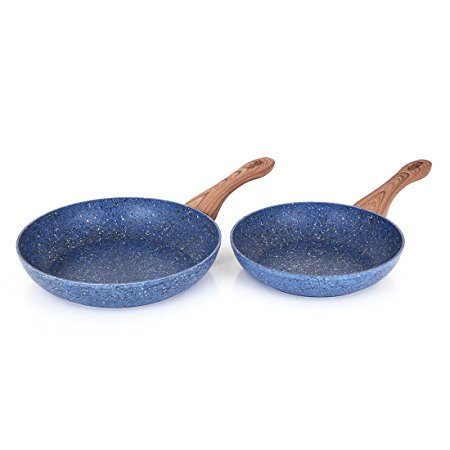 MICHELANGELO 2 Piece Granite Non-Stick fry pan set, Marble Skillet Set with Wooden Handles for Quickly and Evenly Heating, Induction Compatible, 9 1/2 Inch and 11 Inch, Blue