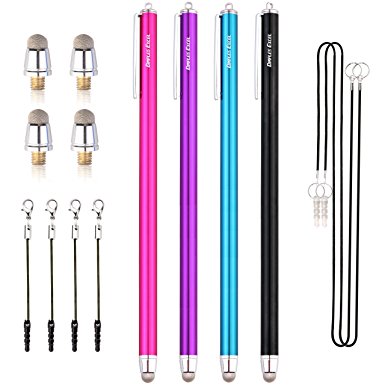 Dimples Excel New Generation 4 x Extra Long XXL 7.5" Ultra Slim 3mm Micro-Knit Hybrid Fiber Tip Stylus Pens   4 Replacement Tips(4pcs - Aqua Blue/Black/Pure/Hot Pink)