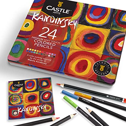 Castle Arts Themed 24 Colored Pencil Set in Tin Box, perfect ‘Kandinksy’ inspired colors. Featuring, smooth colored cores, superior blending & layering performance for great results