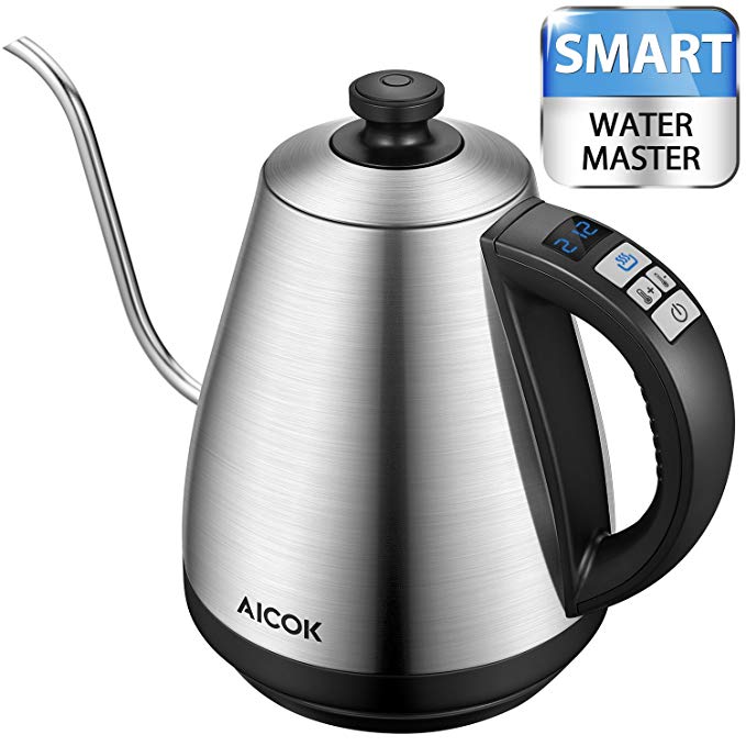 Aicok Electric Kettle [Upgrade] Electric Gooseneck Kettle with Temperature Control 104°F-212°F, Pour Over Coffee Kettle 1.0L Full Stainless Steel Interior & LED Display, Fast Tea Kettle 1000W