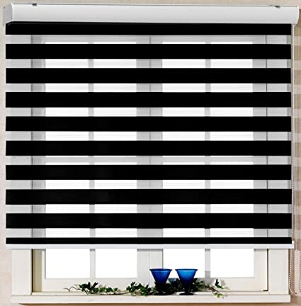 Custom Cut to Size, [Foiresoft Basic, Black, W 77 x H 55 inch] Zebra Roller Blinds, Dual Layer Shades, Sheer or Privacy Light Control, Day and Night Window Drapes, 10 to 110 inch Wide