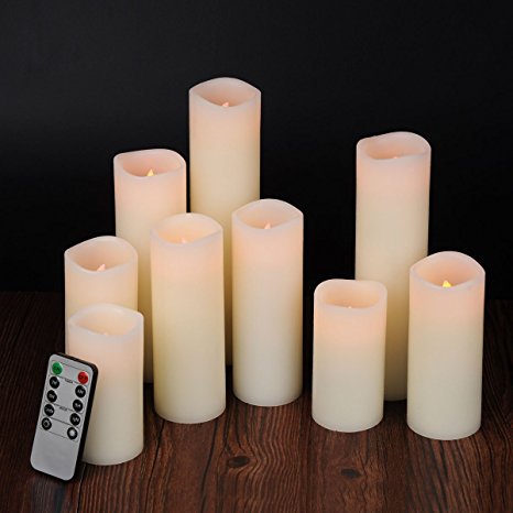 Ry-king 4" 5" 6" 7" 8" 9" Pillar Flickering Flameless LED Candles with 10-key Remote Timer, Set of 9