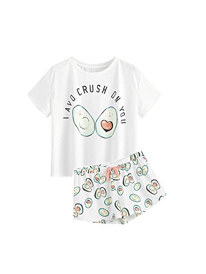 DIDK Women's Cute Cartoon Print Tee and Shorts Pajama Set