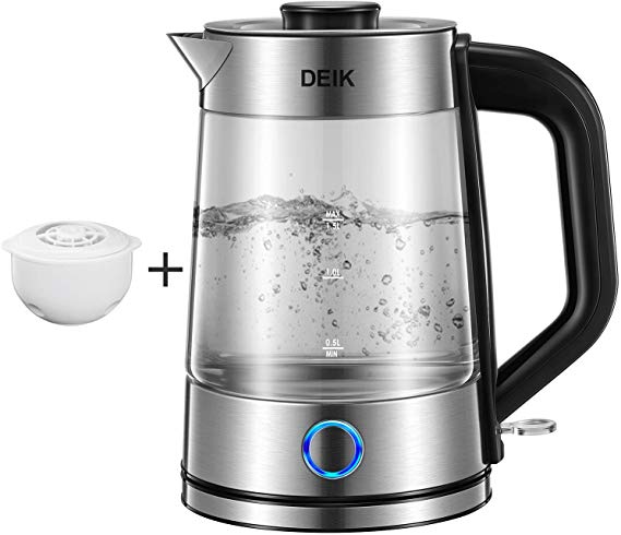 Electric Kettle Deik Glass Tea Kettle with Aqua Optima Water Filters BPA-Free, Rapid Boil Cordless Kettle with Blue LED Illuminate System, 3000W, Auto Shut-Off & Boil-Dry Protection, 1.7L