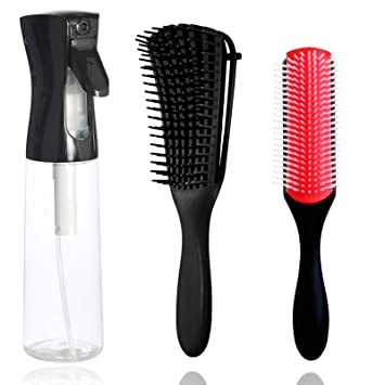 Hair Spray Bottle Set, with 9-Row Cushion Nylon Bristle Brush  Detangling Brush Continuous Spray Bottle Water Sprayer for Hairstyling, Cleaning, Plants & Misting, (300ML&10 Ounce, Black- Clear)