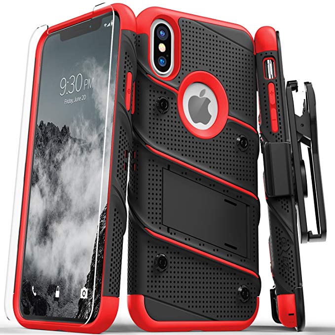 Zizo Bolt Series Compatible with iPhone Xs Max case Military Grade Drop Tested with Tempered Glass Screen Protector, Holster, Kickstand Black RED