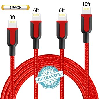 DANTENG iPhone Cable 4Pack 3FT 6FT 6FT 10FT Nylon Braided Certified Lightning to USB iPhone Charger Cord for iPhone 8 7 Plus 6S 6 SE 5S 5C 5, iPad 2 3 4 Mini Air Pro, iPod Nano 7 - Red