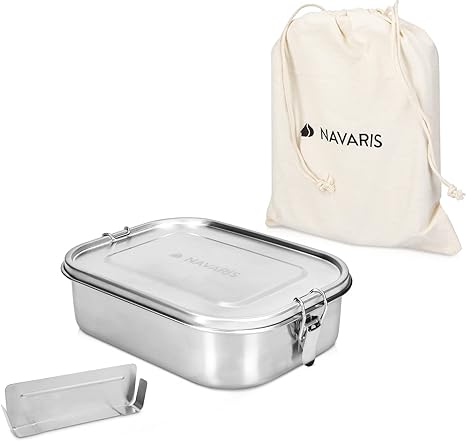 Navaris Stainless Steel Lunch Box - 47 oz (1400ml) Food Container with Divider, Silicone Seal Lid and Carry Bag - For Adults, Bento, Storage