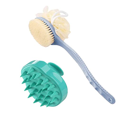 Upgrade Shower Back Scrubber with Bristle and Loofah & Hair Scalp Massager Shampoo Brush, Long Handle Back Body BrushShower Brush,Loofah Body Scrubber, Hair Scalp Scrubber Brush for Women,Men&Pet
