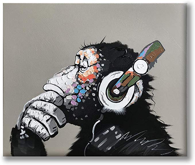 Yatehui Cool Ape Oil Painting on Canvas 100% Hand Painted Pop Art Funny Gorilla Thinking Monkey Listening to Music with Headphone Canvas Wall Art Framed Ready to Hang 24 x 20 Inches