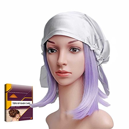 Savena 100% Mulberry Silk Night Sleeping Cap for Long Hair Bonnet Hat Smooth Soft Many Colors, Hair Care Ebook Included (Silvery Grey)